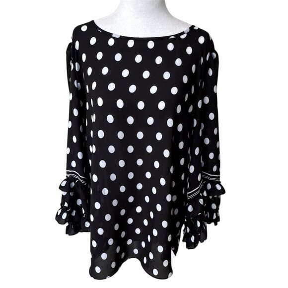 Max Studio Black Blouse White Polka Dots Ruffle 3/4 Sleeves Women Size XL Sheer - Picture 1 of 12